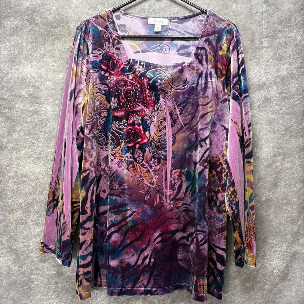 Dressbarn Purple Velvet Floral Rhinestone Tunic Blouse Womens Plus 2X Whimsigoth